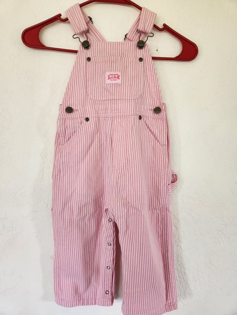 Key Toddler Overalls. Size 24 Month. Pink With White Stripes.